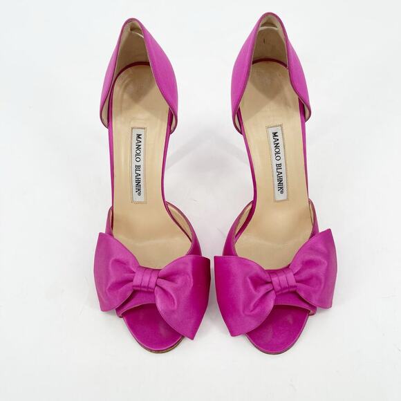 Manolo Blahnik Fuchsia Pink Silk Satin Bow Detail Peep Toe D'Orsay Pump IT 38 - Picture 6 of 14